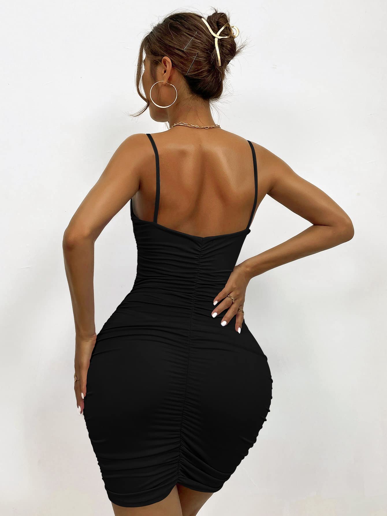 Zesoyne Womens Sexy Mini Bodycon Ruched Tank Dress Spaghetti Strap Vneck Party Short Wrap Cami Clubwear Outfit M Black