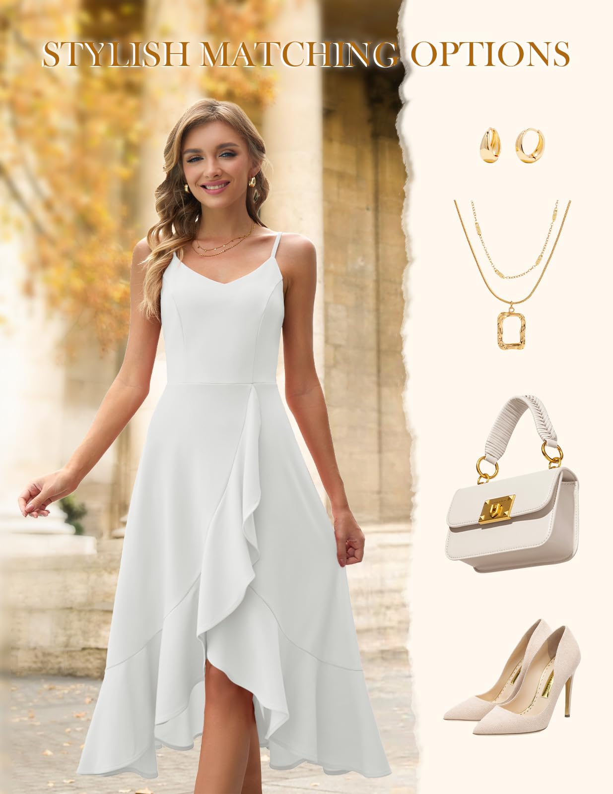 DRESSTELLS Women's Spaghetti Strap Dresses, 2025 Summer Midi Formal Bridesmaid Wedding Guest Modest Teens Prom Hi-Low Evening Party Dress Cocktail White M