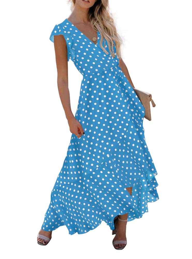 GRECERELLE Womens Summer Maxi Dress Boho Floral Cocktail Polka Dot Wrap Dresses V Neck Casual Party Bohemian Flowy Long Dress for Ladies (Polka Dots-Light Blue, L)
