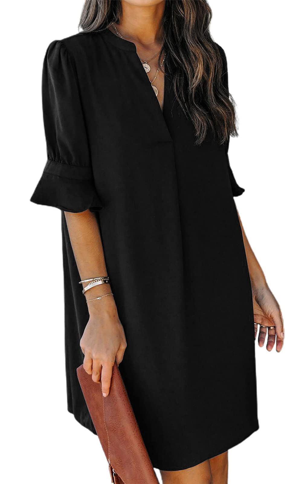 Famulily Womens Casual Ruffled Sleeve Shift Above Knee Dress Ladies Pleated Tunic Dresses Black L