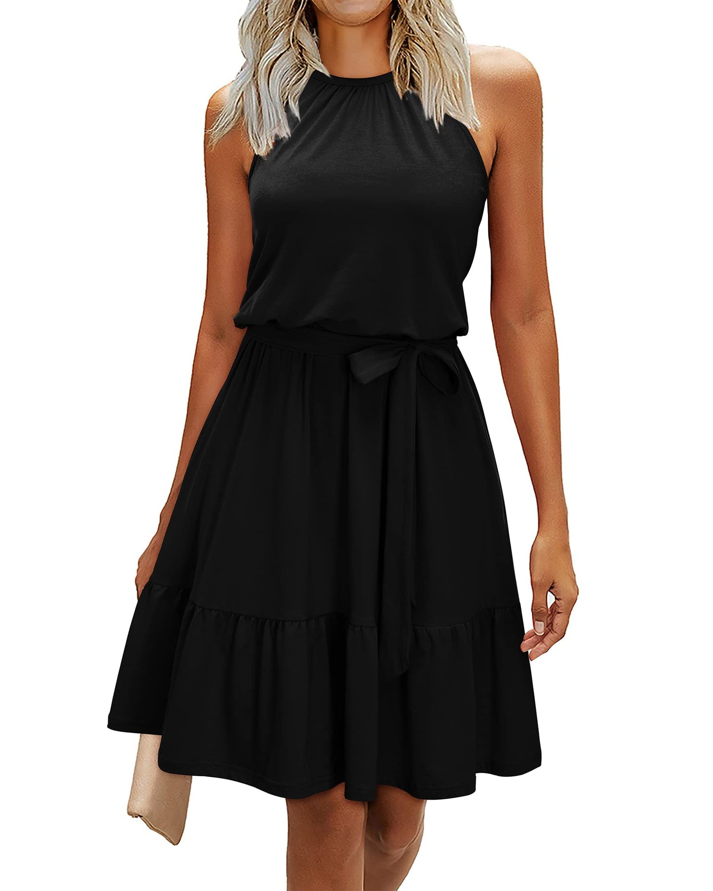 Newshows Summer Dresses for Women UK Halter Neck Dress Ladies Floral Beach Dress for Holiday Vacation(Black, Medium)