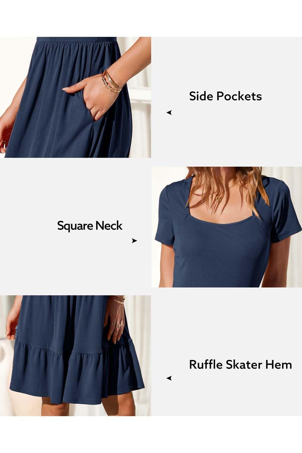 Newshows Summer Dresses for Women UK Square Neck Ladies Party Dress Beach Sundress Navy