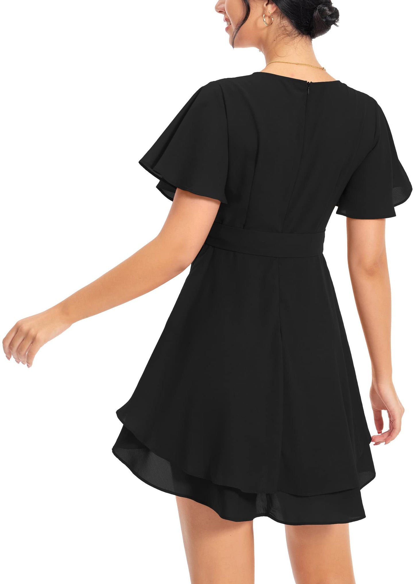 PCEAIIH Women's Cocktail Dresses Short Sleeve Empire Skater Dress Deep V-Neck Waist Tie Ruffle Mini Swing Dresses 2XL Black