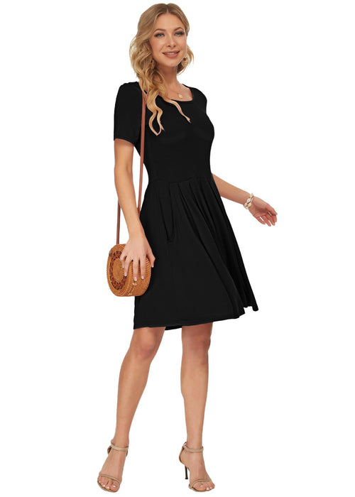 AUSELILY Ladies Summer Short Sleeve Pleated Loose Swing Casual Dress with Pockets Knee Length Black M