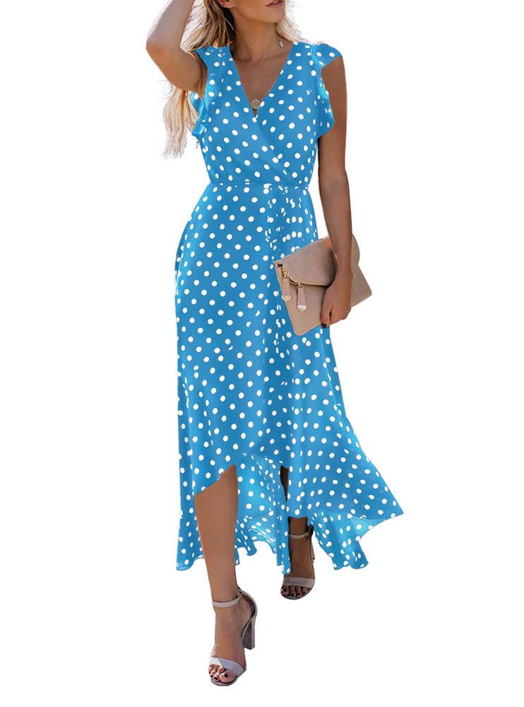 GRECERELLE Womens Summer Maxi Dress Boho Floral Cocktail Polka Dot Wrap Dresses V Neck Casual Party Bohemian Flowy Long Dress for Ladies (Polka Dots-Light Blue, L)