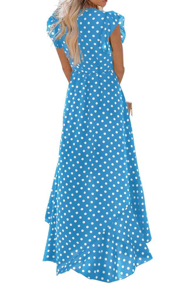GRECERELLE Womens Summer Maxi Dress Boho Floral Cocktail Polka Dot Wrap Dresses V Neck Casual Party Bohemian Flowy Long Dress for Ladies (Polka Dots-Light Blue, L)