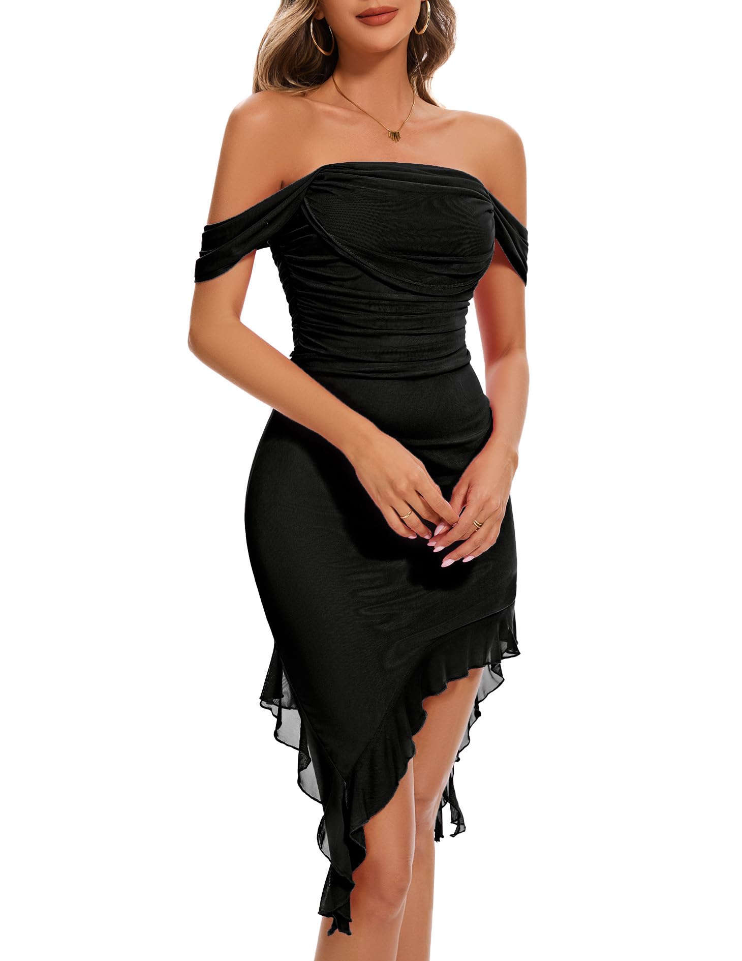 Berylove Women’s Sexy Off Shoulder Mesh Midi Dresses Summer Ruched Bodycon Ruffled Casual Dress BLWY001 Black S