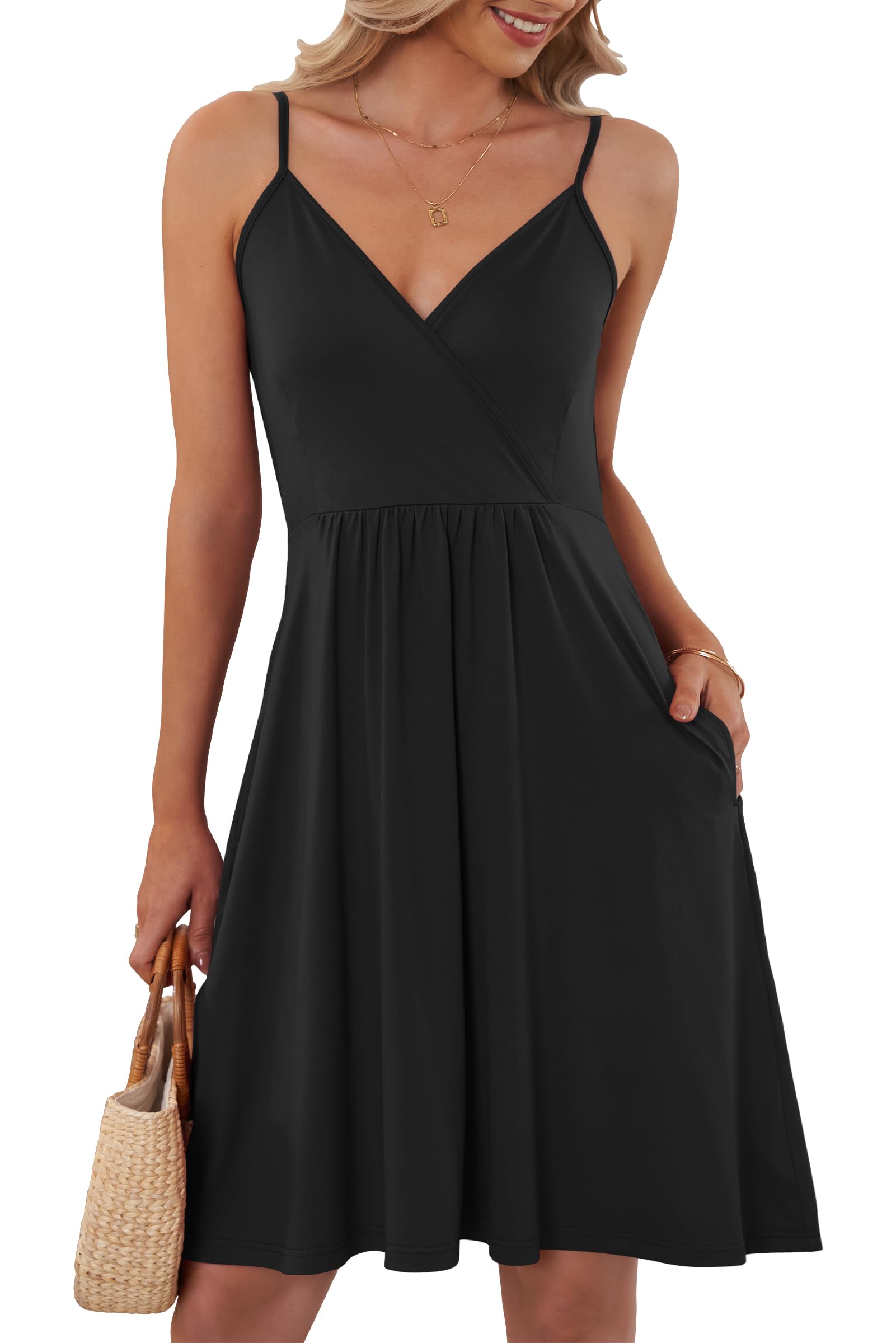 AUSELILY Summer Ladies Dress for Women UK V Neck Spaghetti Strap Casual Dress Beach with Pockets Black L