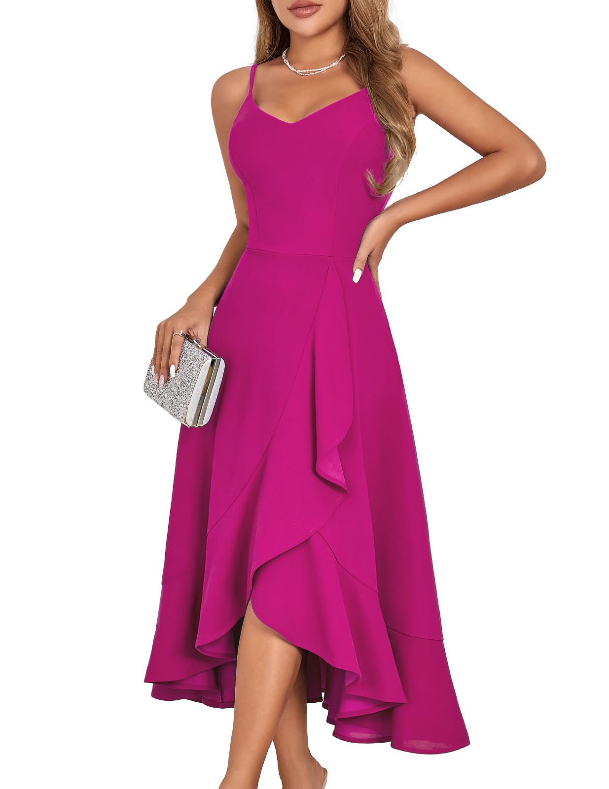 RESSTELLS Women's Spaghetti Strap Dresses, 2025 Spring High Low Bridesmaid Wedding Guest Party Elegant Teens Evening Prom Cocktail Sleeveless Dress Rose L