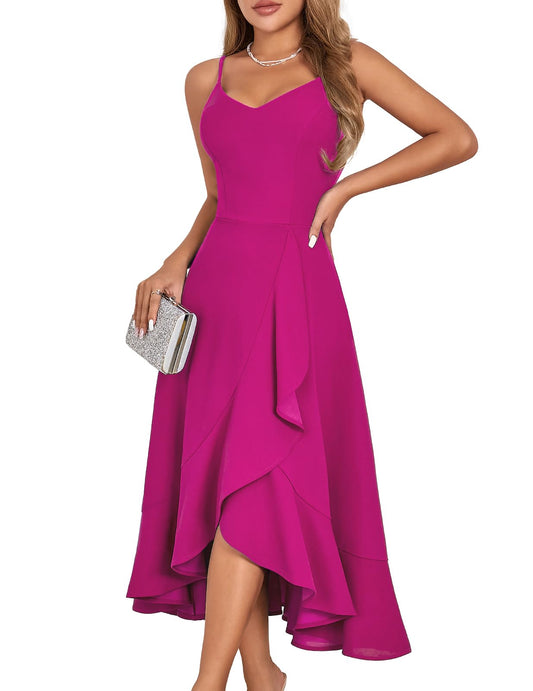 RESSTELLS Women's Spaghetti Strap Dresses, 2025 Spring High Low Bridesmaid Wedding Guest Party Elegant Teens Evening Prom Cocktail Sleeveless Dress Rose L