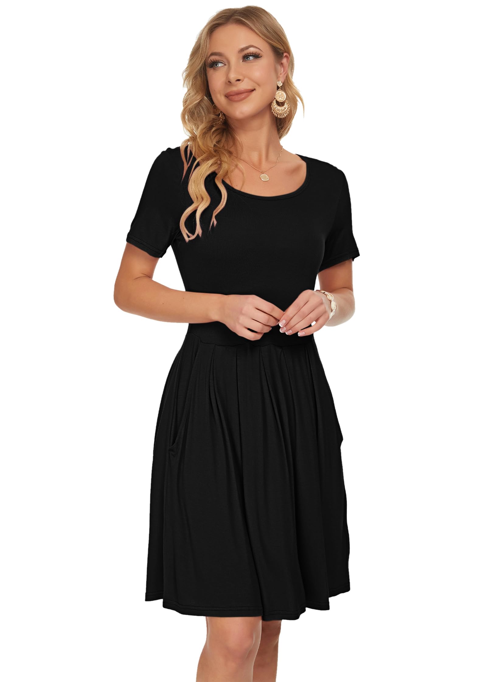 AUSELILY Ladies Summer Short Sleeve Pleated Loose Swing Casual Dress with Pockets Knee Length Black M