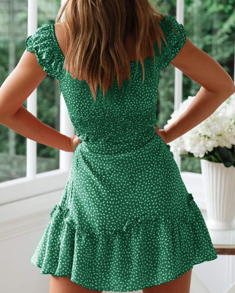 Cicy Bell Women's Summer Ruffle Sleeve Sweetheart Neckline Printing Dress Mini Dress Green,XXL