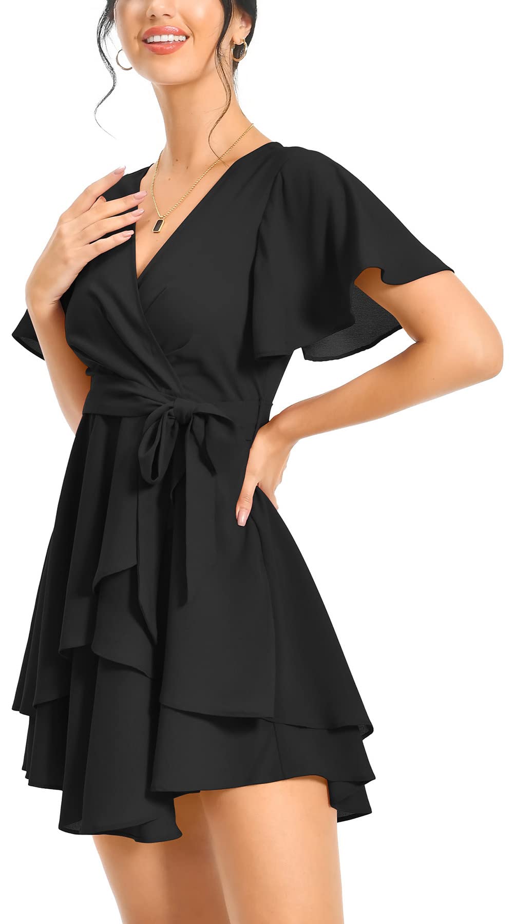 PCEAIIH Women's Cocktail Dresses Short Sleeve Empire Skater Dress Deep V-Neck Waist Tie Ruffle Mini Swing Dresses 2XL Black