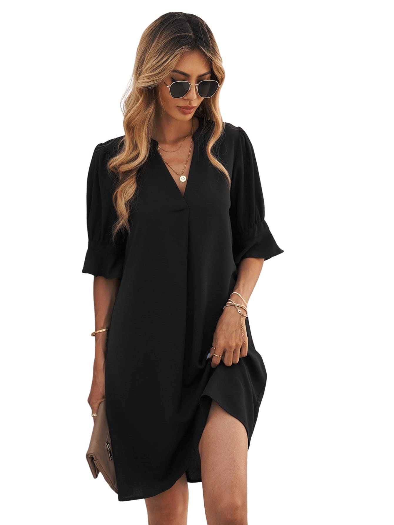 Famulily Womens Casual Ruffled Sleeve Shift Above Knee Dress Ladies Pleated Tunic Dresses Black L