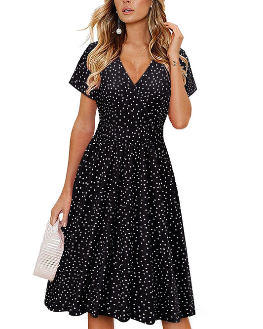 VOTEPRETTY Women's Short Sleeve V Neck Wrap Summer Dress Casual Floral Beach Sundress with Pockets(Polka dot,XXL)