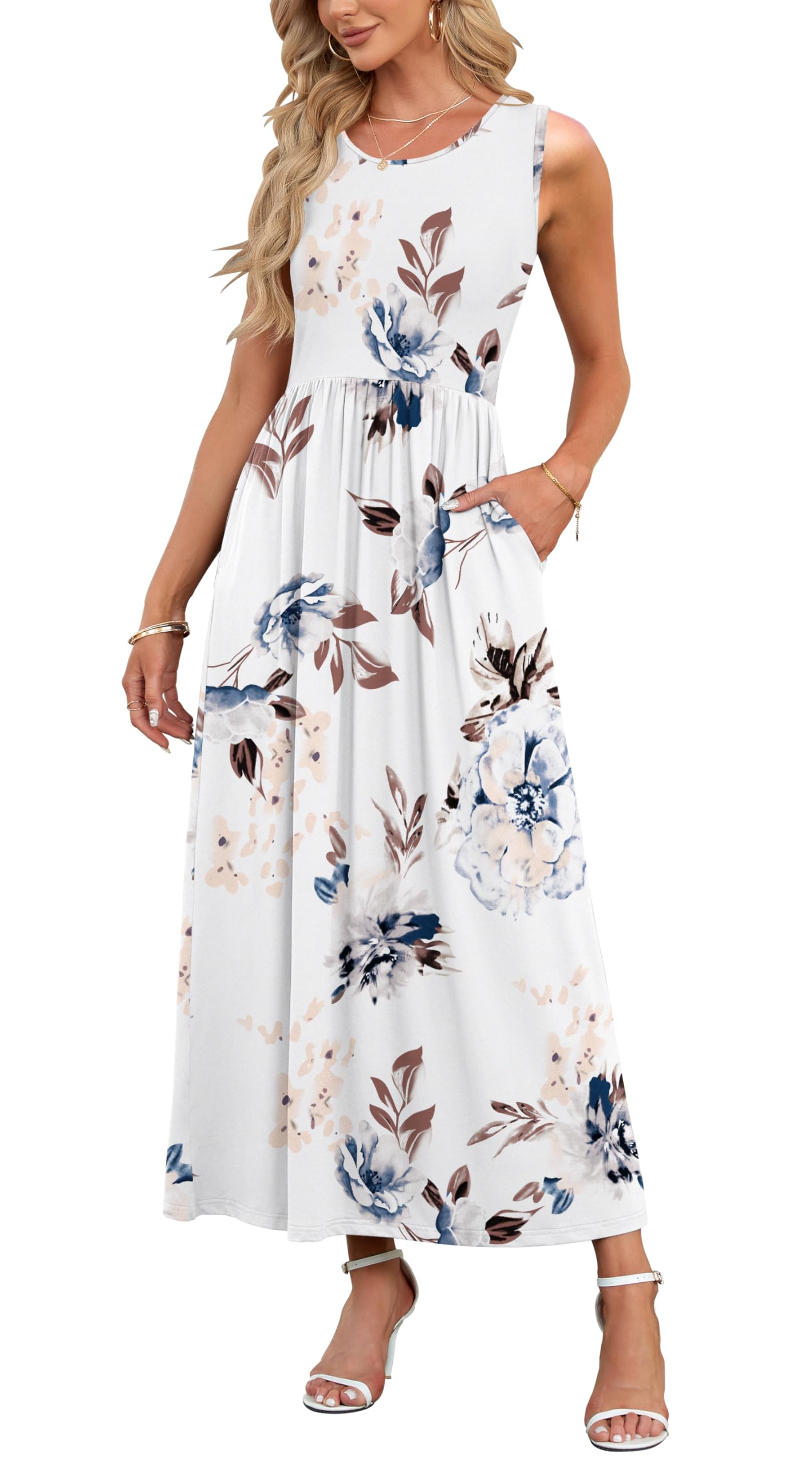 AUSELILY Summer Dresses for Women Casual Sleeveless Maxi Dress Loose Long Dresses with Pockets White Flowers M