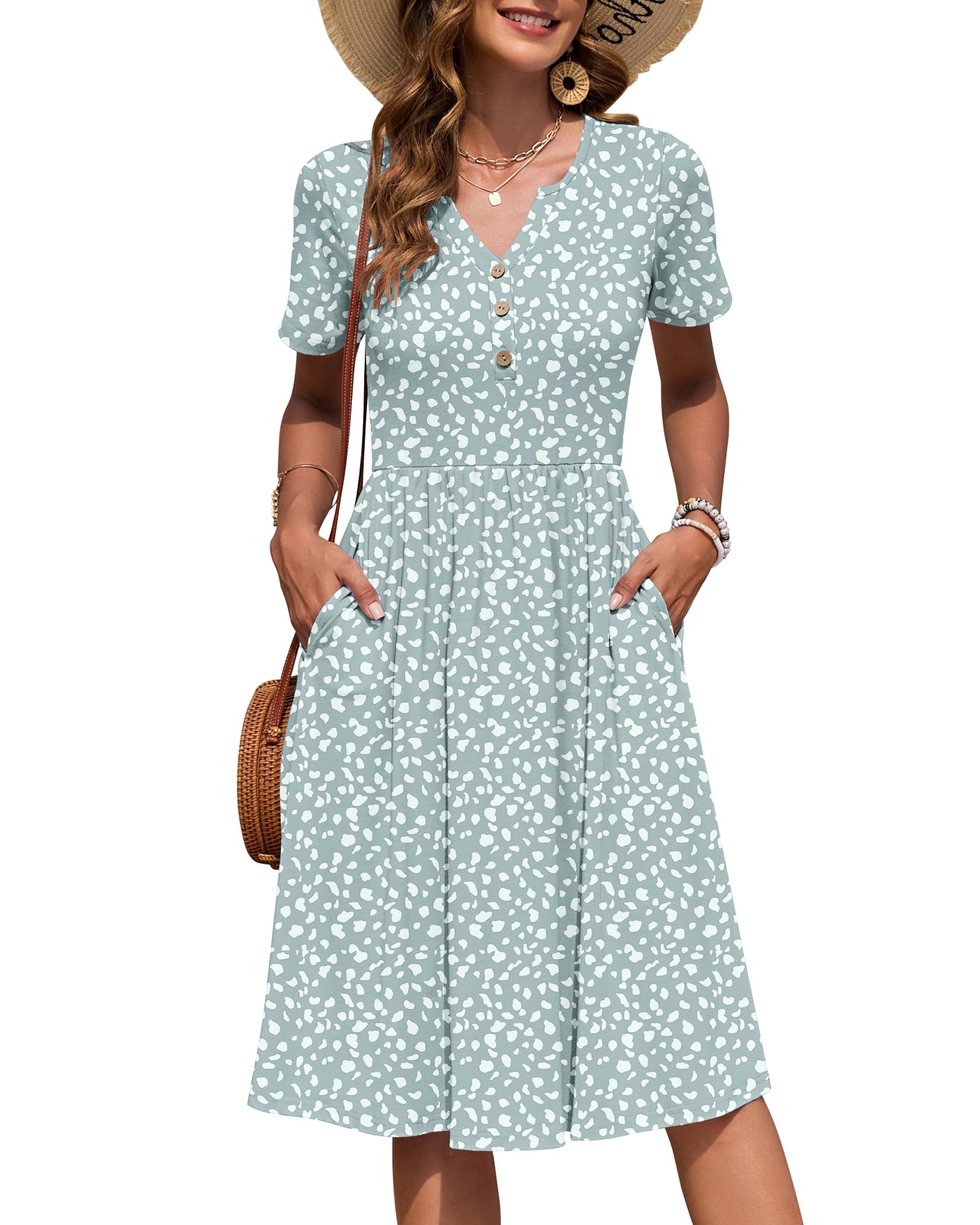 AUSELILY Women's Summer Short Sleeve Midi Dresses V Neck Empire Button Knee Length Dress with Pockets Green Spot M