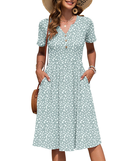 AUSELILY Women's Summer Short Sleeve Midi Dresses V Neck Empire Button Knee Length Dress with Pockets Green Spot M