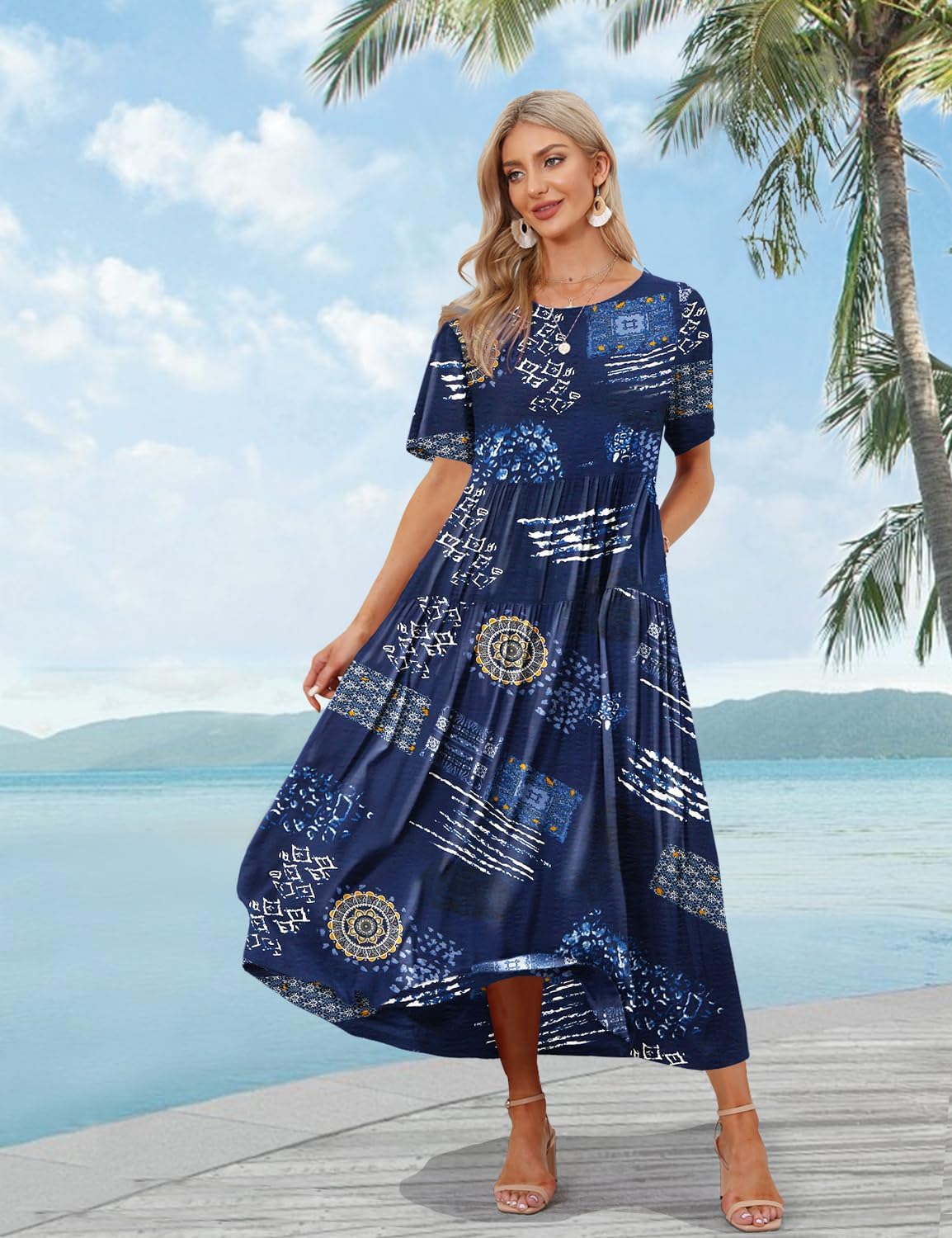 YESNO Women Dresses Casual Plus Size Bohemian Short Sleeve Floral Long Maxi Summer Beach Swing Dress/Pockets 2XL EJFUK CR176