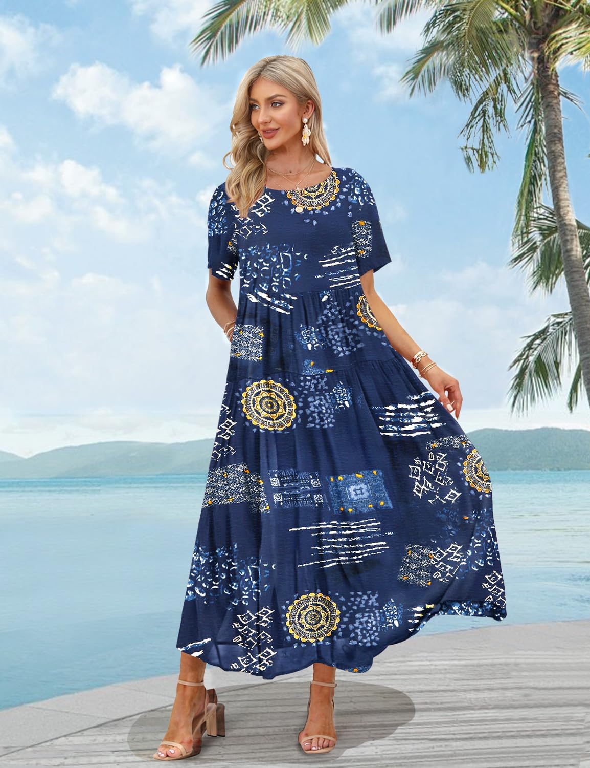 YESNO Women Dresses Casual Plus Size Bohemian Short Sleeve Floral Long Maxi Summer Beach Swing Dress/Pockets 2XL EJFUK CR176