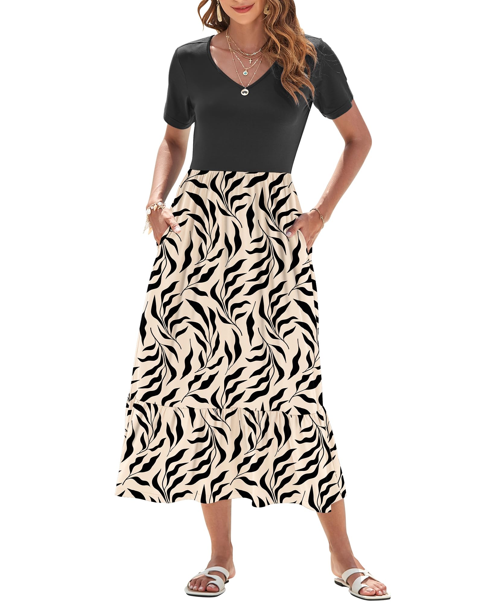 AUSELILY Summer Dresses Women UK Short Sleeve Empire Waist Maxi Dresses Women Long Sundresses Swing V-Neck Beach Coverup with Pockets Black Leaf Black L