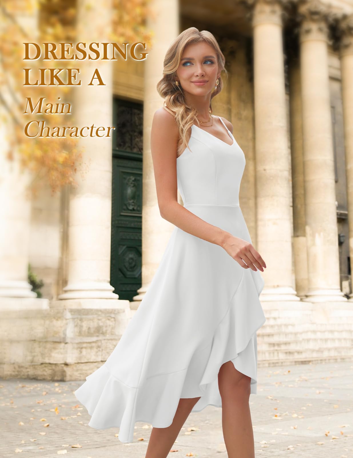 DRESSTELLS Women's Spaghetti Strap Dresses, 2025 Summer Midi Formal Bridesmaid Wedding Guest Modest Teens Prom Hi-Low Evening Party Dress Cocktail White M