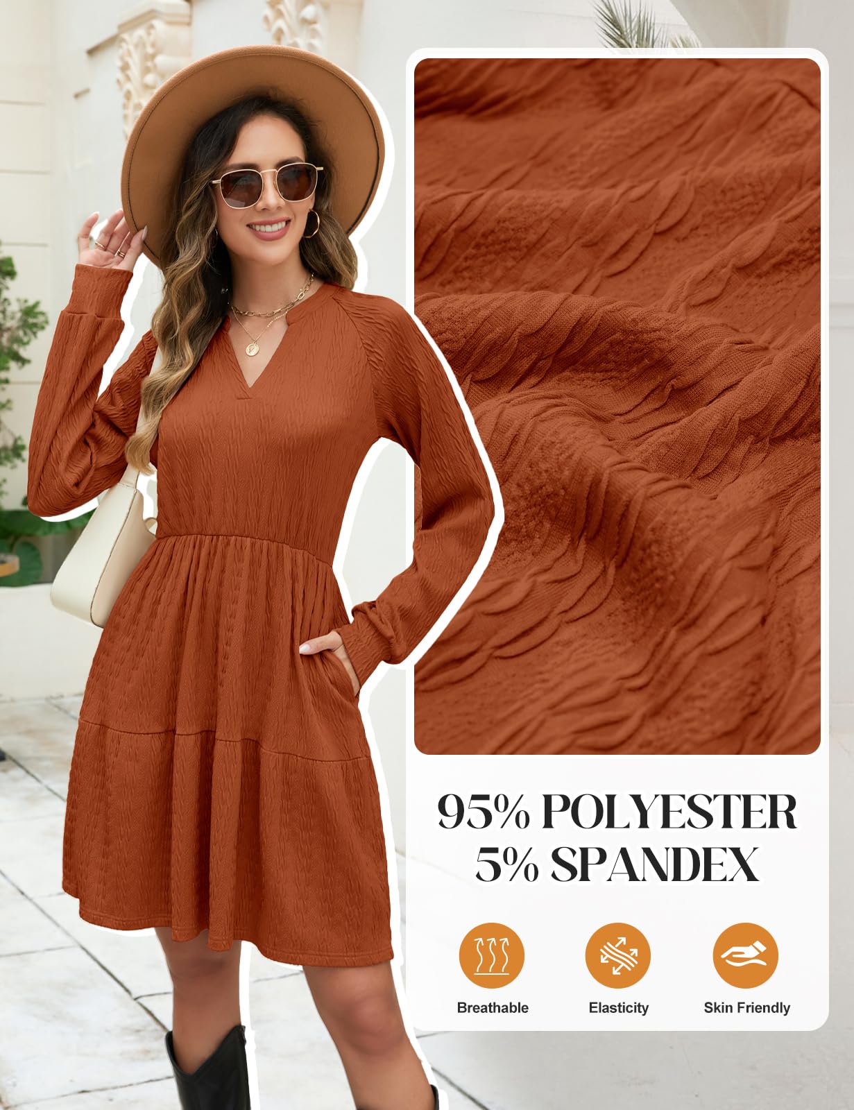 CMTOP Jumper Dress for Women Long Sleeve V Neck Knitted Dresses Ladies Elegant Sweater Tunic Casual Midi Bodycon with Pockets Brown
