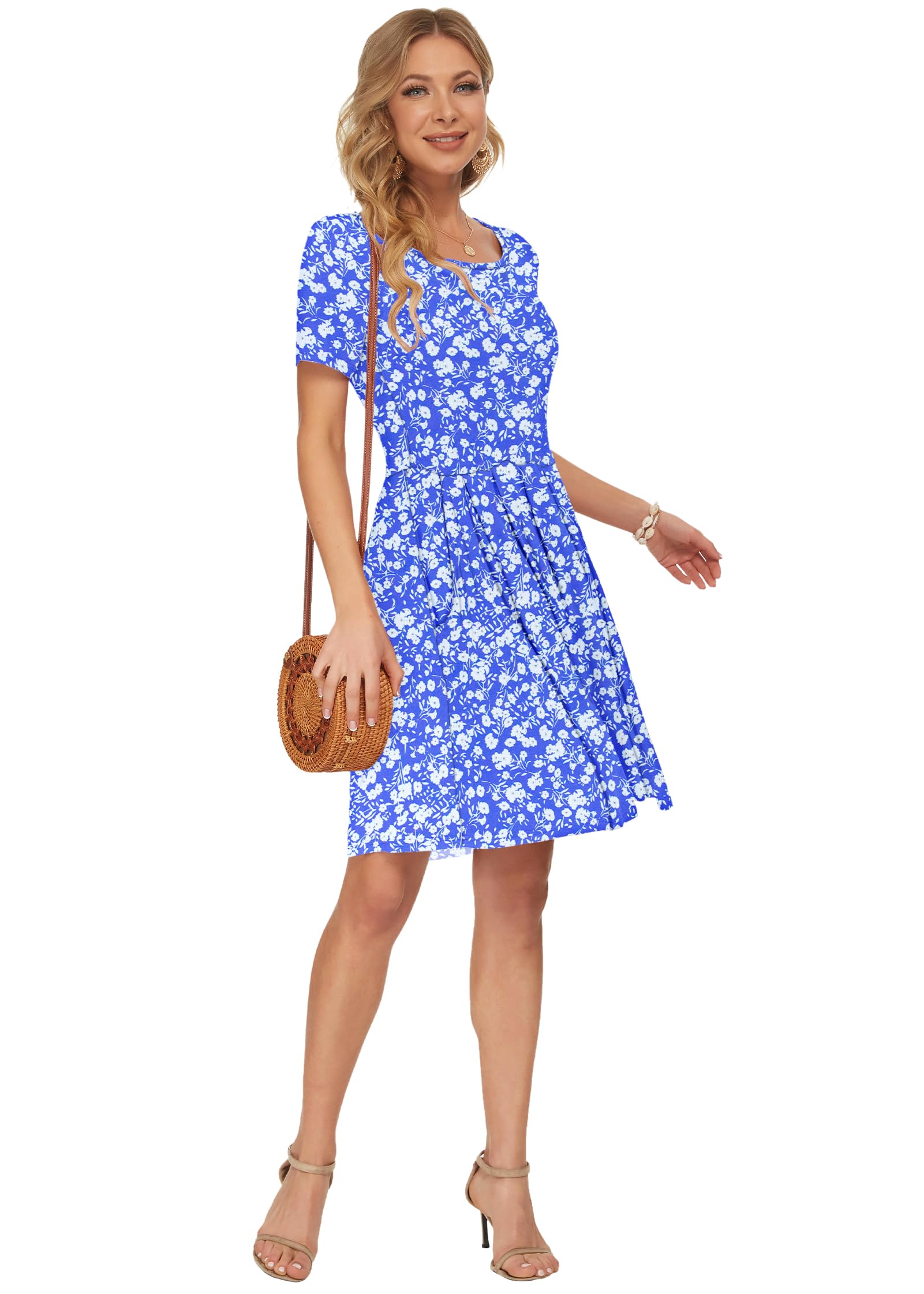 AUSELILY Womens Summer Dress Casual Bodycon Short Sleeve Pleated Loose Swing Casual Dress with Pockets Knee Length Blue Flowers M