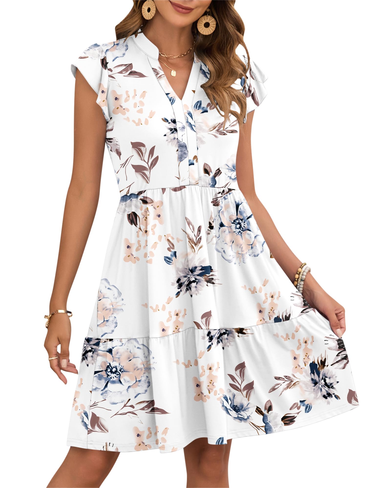 AUSELILY Women Summer Dress V Neck Ruffle Short Sleeve Ladies Dress Wrap Waist Casual Minidress with Pockets White Flower L