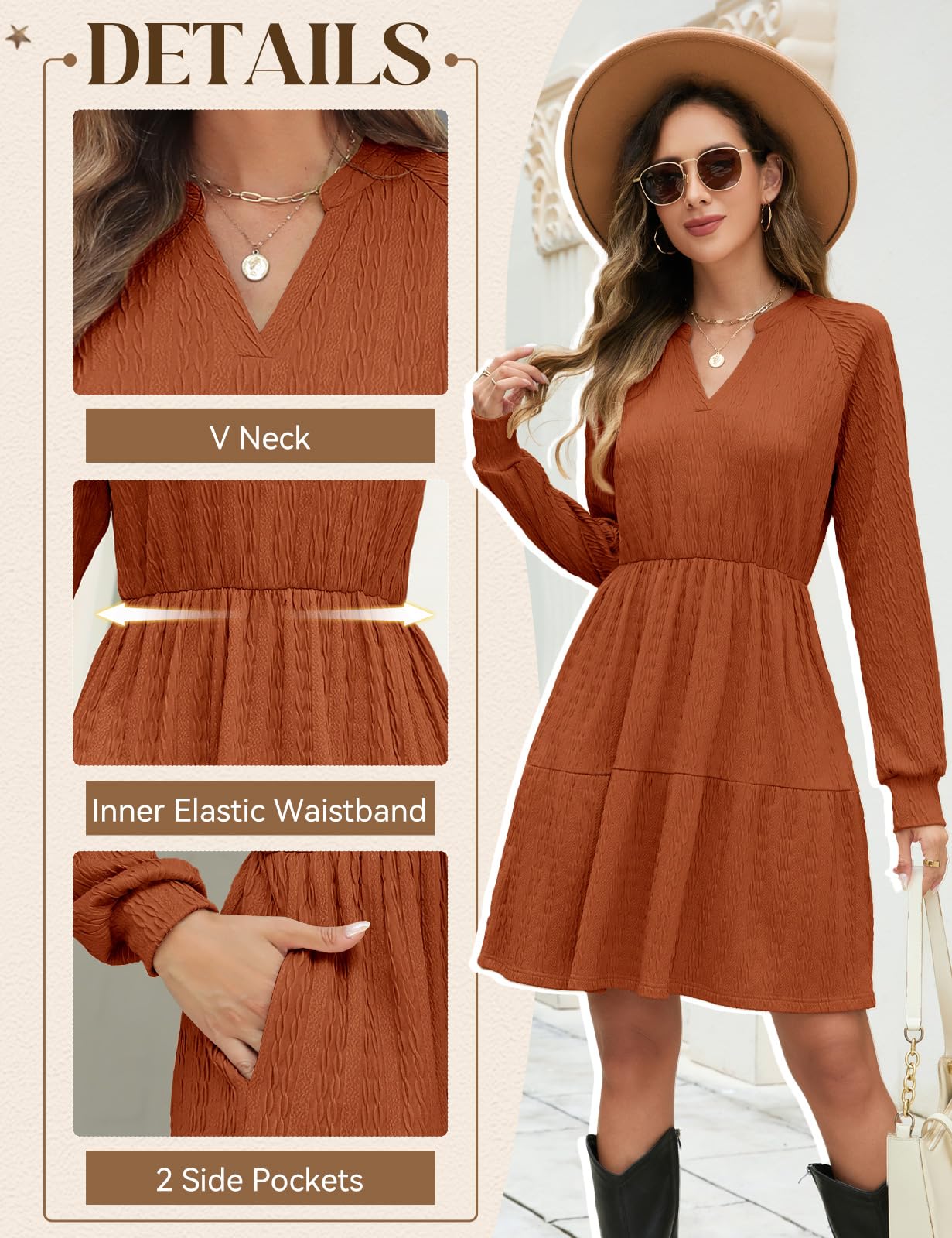 CMTOP Jumper Dress for Women Long Sleeve V Neck Knitted Dresses Ladies Elegant Sweater Tunic Casual Midi Bodycon with Pockets Brown