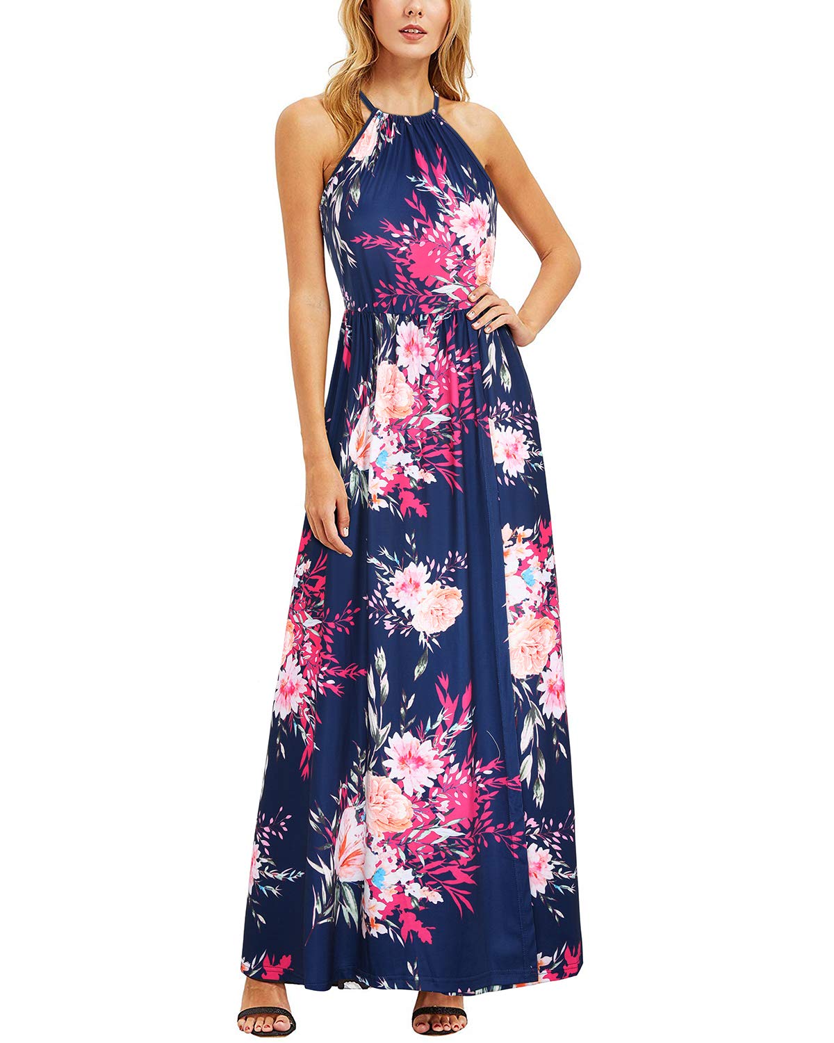 KILIG Maxi Dresses for Women UK Summer Dress Halter Neck Wedding Guest Elegant Long Dress Floral Beach Sundress(Floral-H,Small)