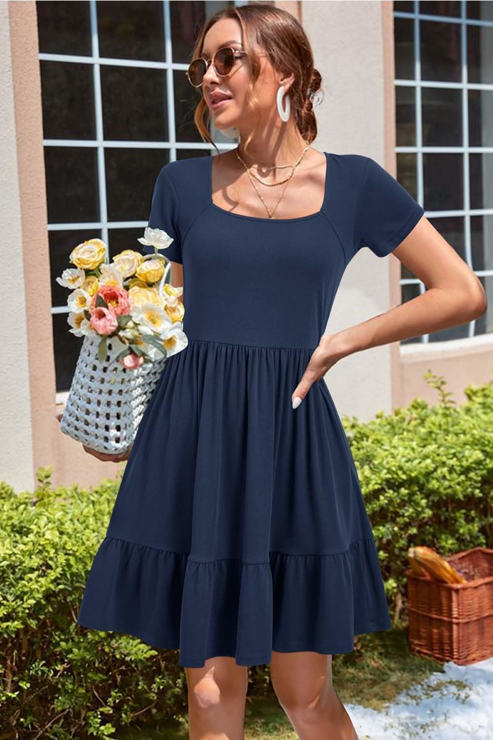Newshows Summer Dresses for Women UK Square Neck Ladies Party Dress Beach Sundress Navy