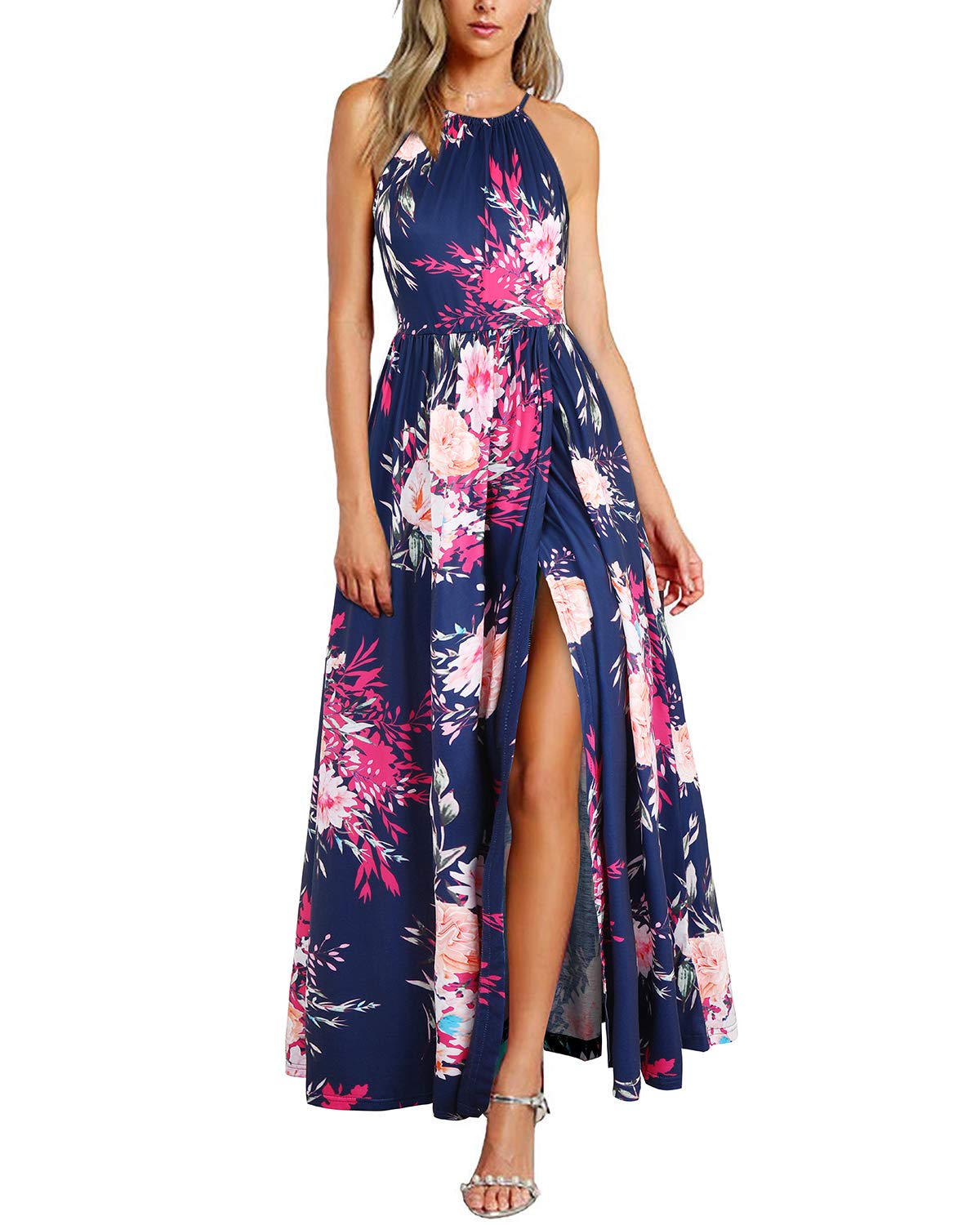 KILIG Maxi Dresses for Women UK Summer Dress Halter Neck Wedding Guest Elegant Long Dress Floral Beach Sundress(Floral-H,Small)