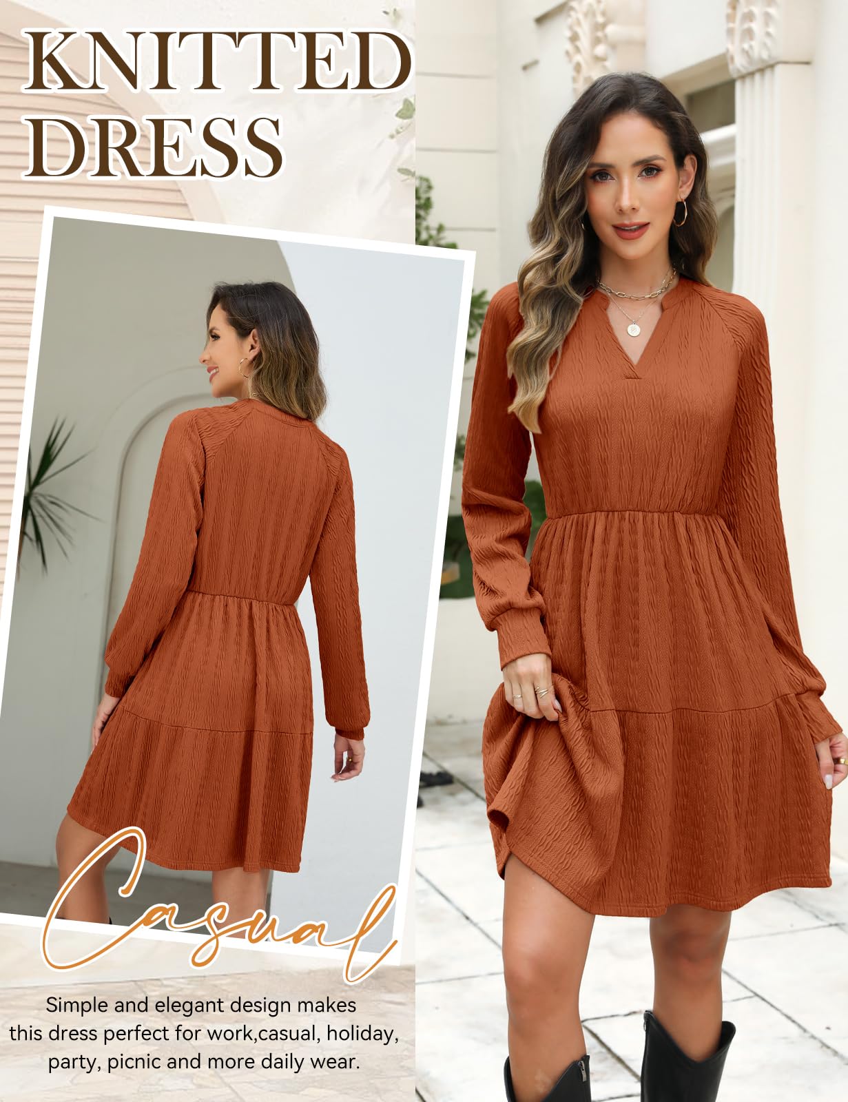 CMTOP Jumper Dress for Women Long Sleeve V Neck Knitted Dresses Ladies Elegant Sweater Tunic Casual Midi Bodycon with Pockets Brown