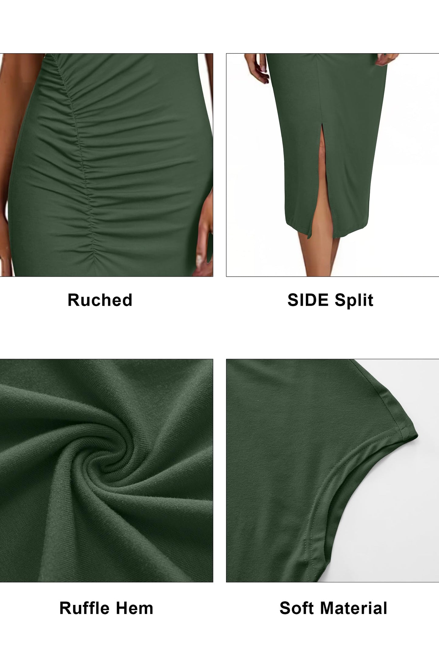 Newshows Womens Summer Dress Bodycon Casual Ruched Midi Dresses Cap Sleeve Slit Tight Pencil T-Shirt Dress Army Green,S