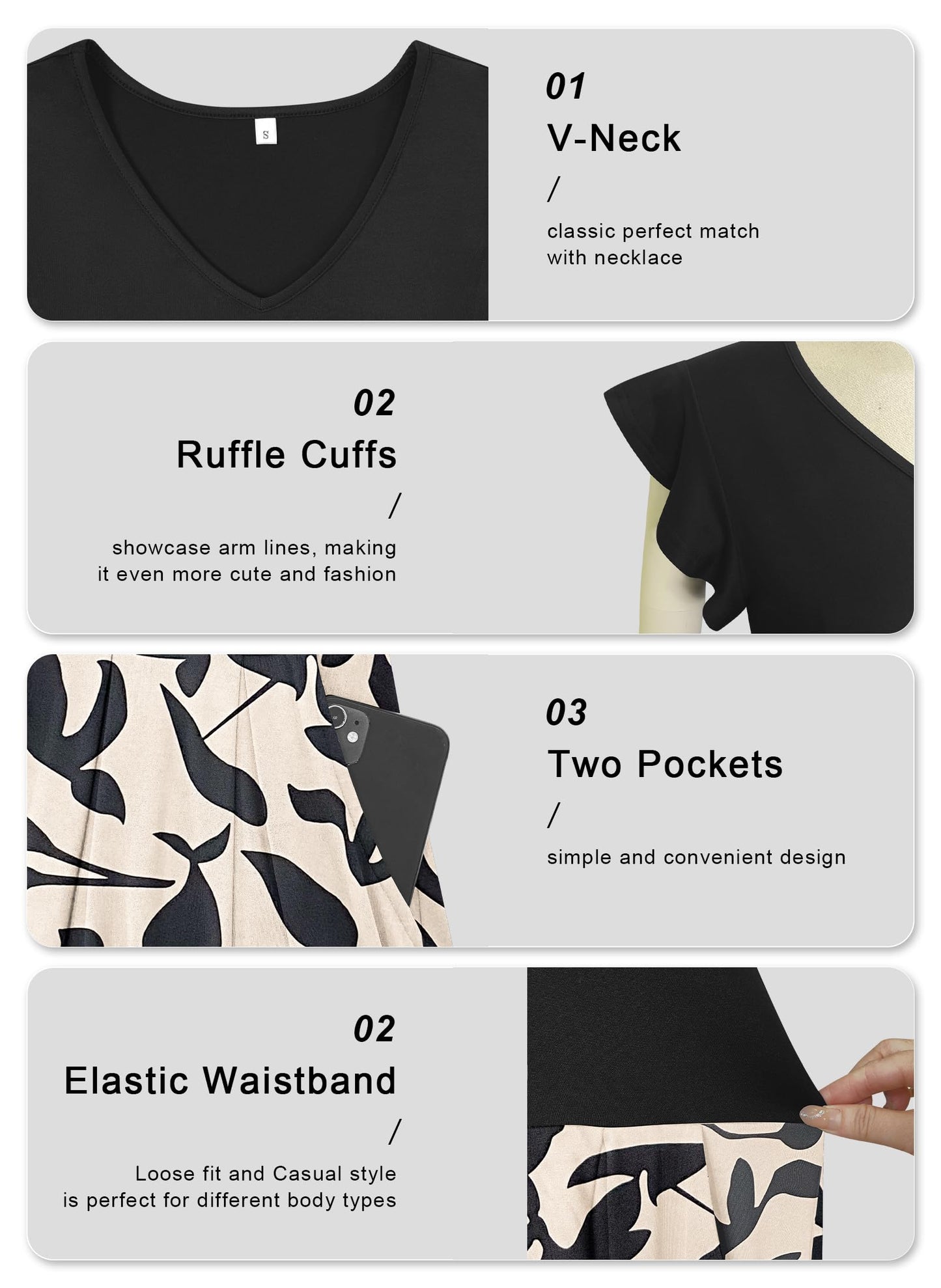 PLOKNRD Summer Midi Dresses for Women UK V-Neck Ruffle Short Sleeve Ladies Dress with Pockets Casual Knee Length Beach Coverup Dress(Apricot Black Leaf,L)