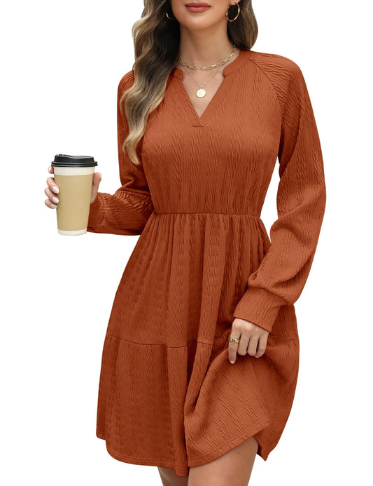 CMTOP Jumper Dress for Women Long Sleeve V Neck Knitted Dresses Ladies Elegant Sweater Tunic Casual Midi Bodycon with Pockets Brown