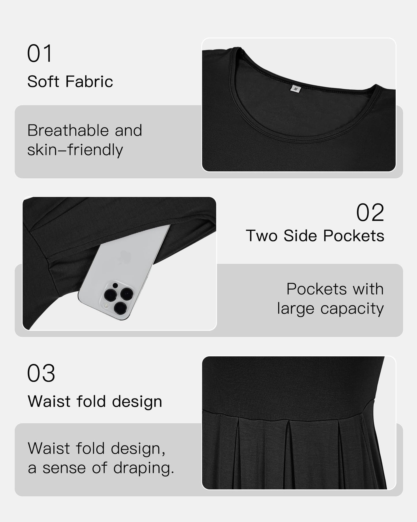 AUSELILY Ladies Summer Short Sleeve Pleated Loose Swing Casual Dress with Pockets Knee Length Black M