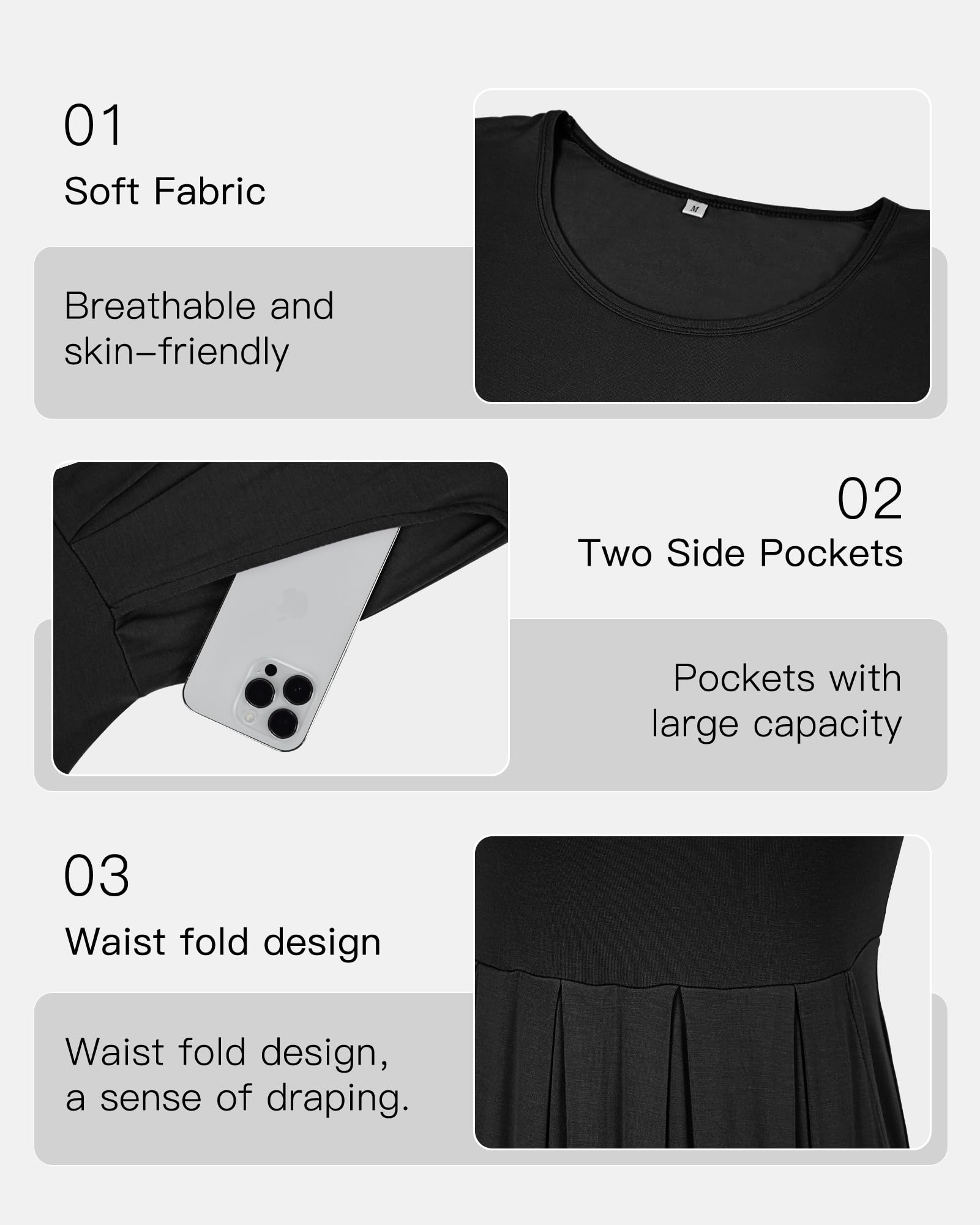 AUSELILY Ladies Summer Short Sleeve Pleated Loose Swing Casual Dress with Pockets Knee Length Black M