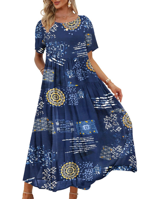 YESNO Women Dresses Casual Plus Size Bohemian Short Sleeve Floral Long Maxi Summer Beach Swing Dress/Pockets 2XL EJFUK CR176