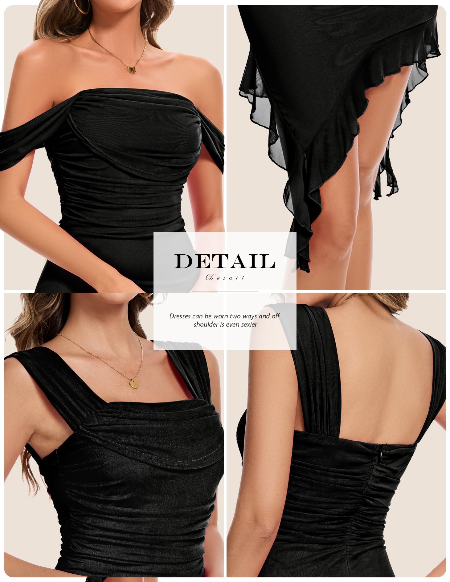 Berylove Women’s Sexy Off Shoulder Mesh Midi Dresses Summer Ruched Bodycon Ruffled Casual Dress BLWY001 Black S