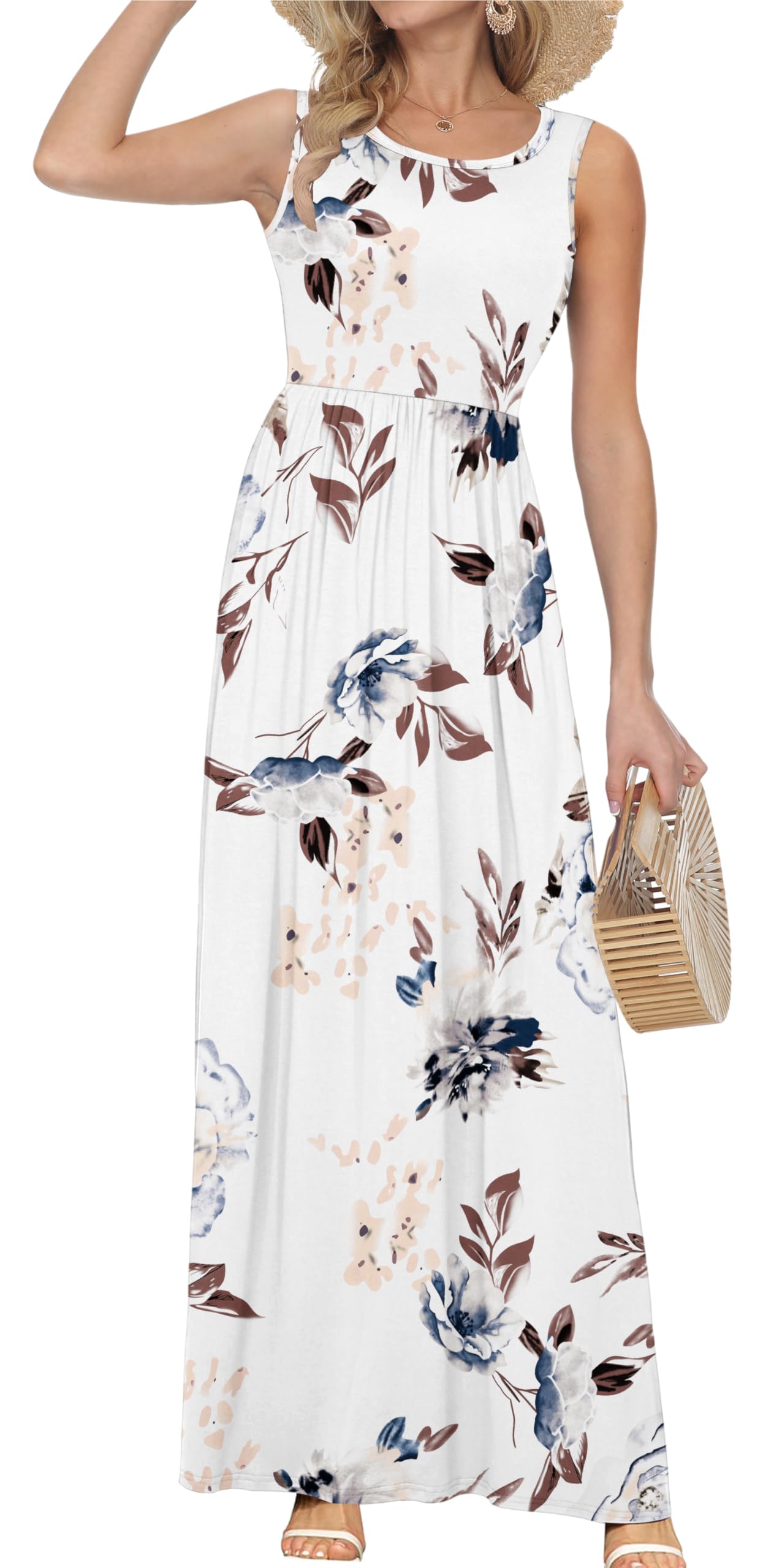 AUSELILY Summer Dresses for Women Casual Sleeveless Maxi Dress Loose Long Dresses with Pockets White Flowers M