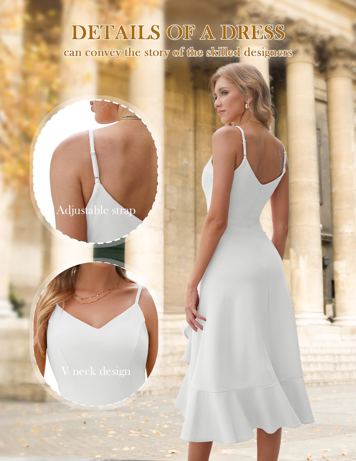 DRESSTELLS Women's Spaghetti Strap Dresses, 2025 Summer Midi Formal Bridesmaid Wedding Guest Modest Teens Prom Hi-Low Evening Party Dress Cocktail White M
