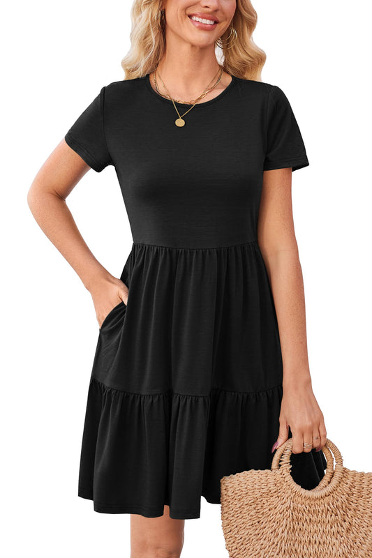 Newshows Summer Dress for Women UK Short Sleeve Crew Neck Casual A-Line Beach Sundress with Pockets(Black,L)