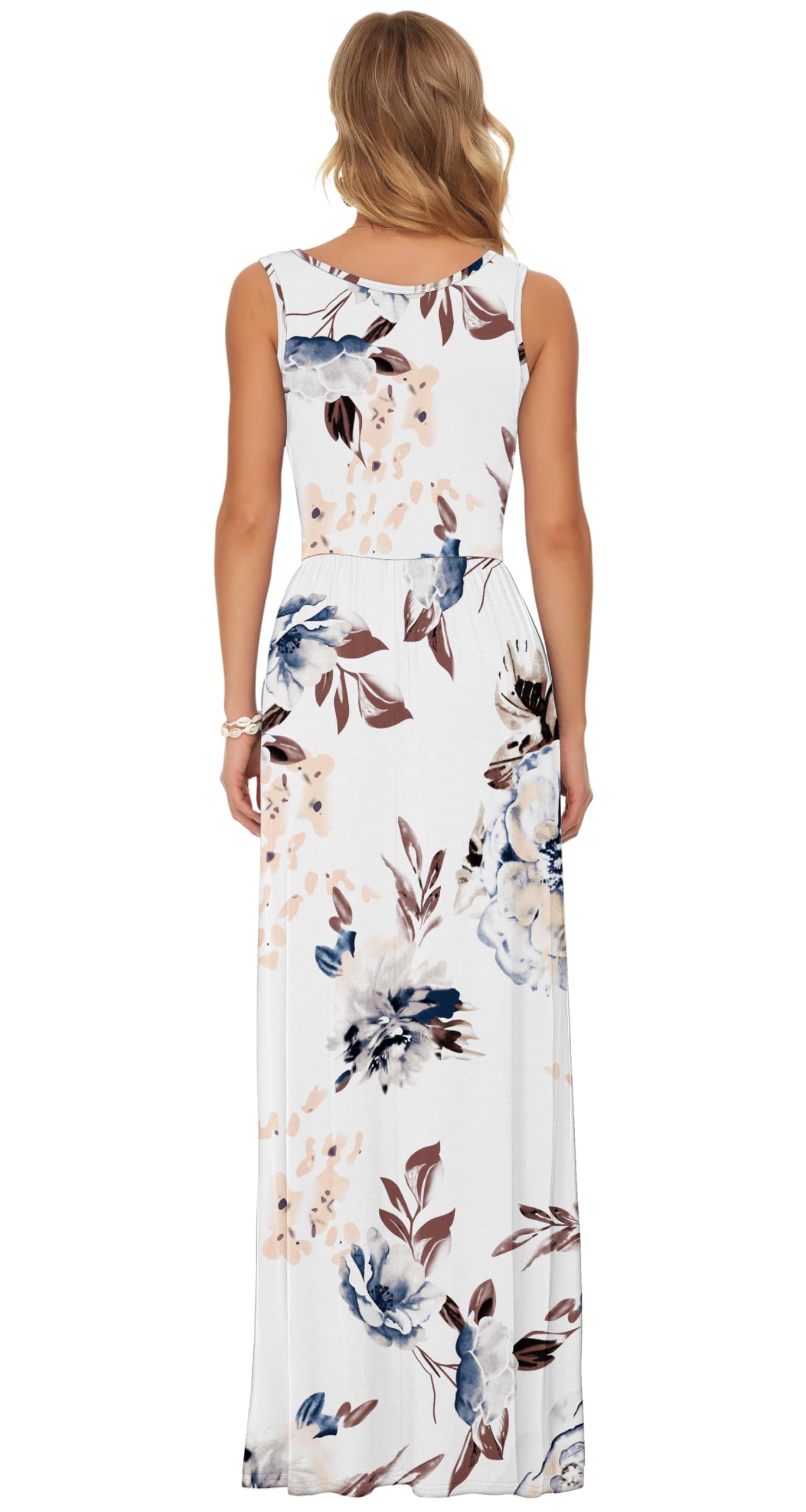 AUSELILY Summer Dresses for Women Casual Sleeveless Maxi Dress Loose Long Dresses with Pockets White Flowers M