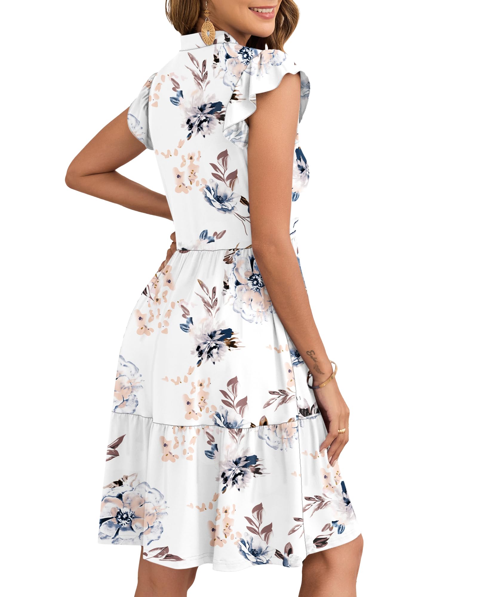AUSELILY Women Summer Dress V Neck Ruffle Short Sleeve Ladies Dress Wrap Waist Casual Minidress with Pockets White Flower L