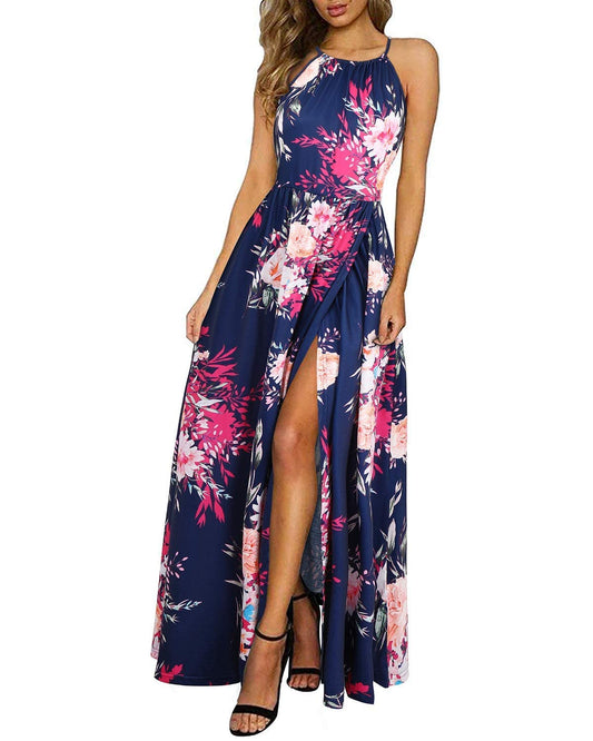 KILIG Maxi Dresses for Women UK Summer Dress Halter Neck Wedding Guest Elegant Long Dress Floral Beach Sundress(Floral-H,Small)