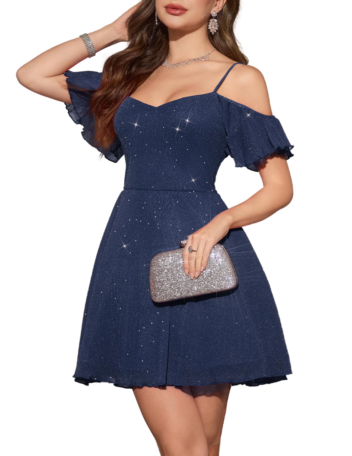 Meetjen Womens A Line Cocktail Party Dresses Glitter Fancy Prom Swing Spaghetti Straps Short Bridesmaid Dress Navy L