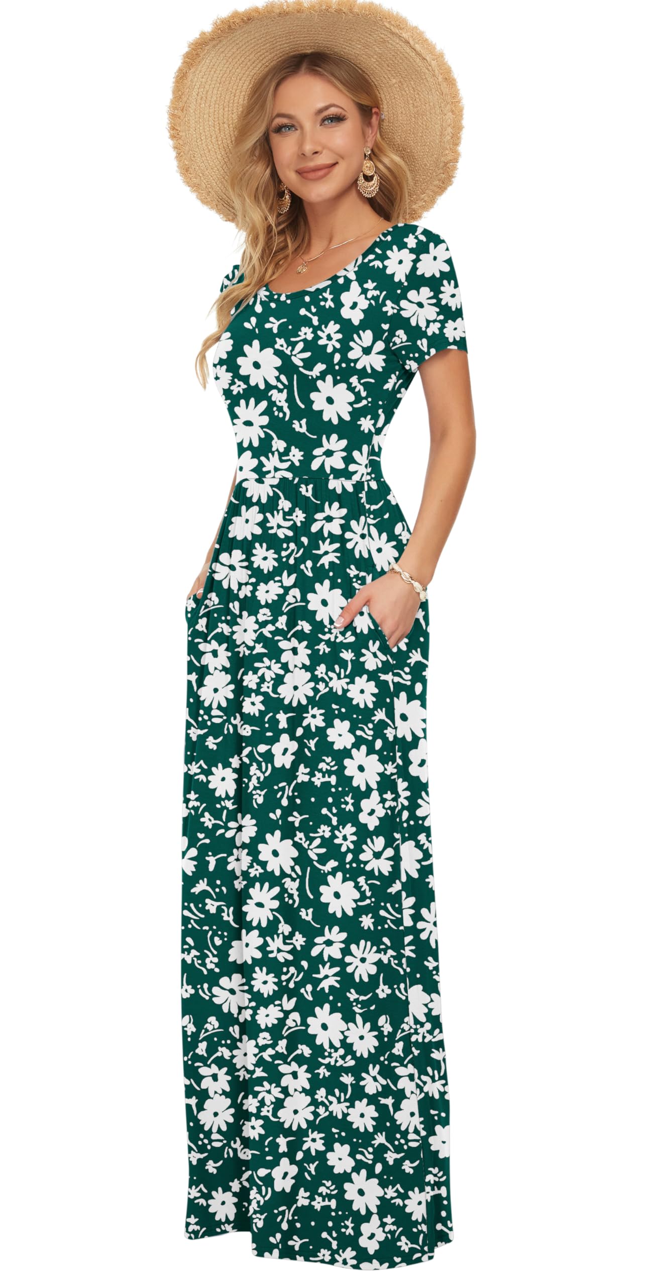AUSELILY Maxi Dress for Women - Summer Casual Long Dresses for Ladies with Pockets L Green Daisy