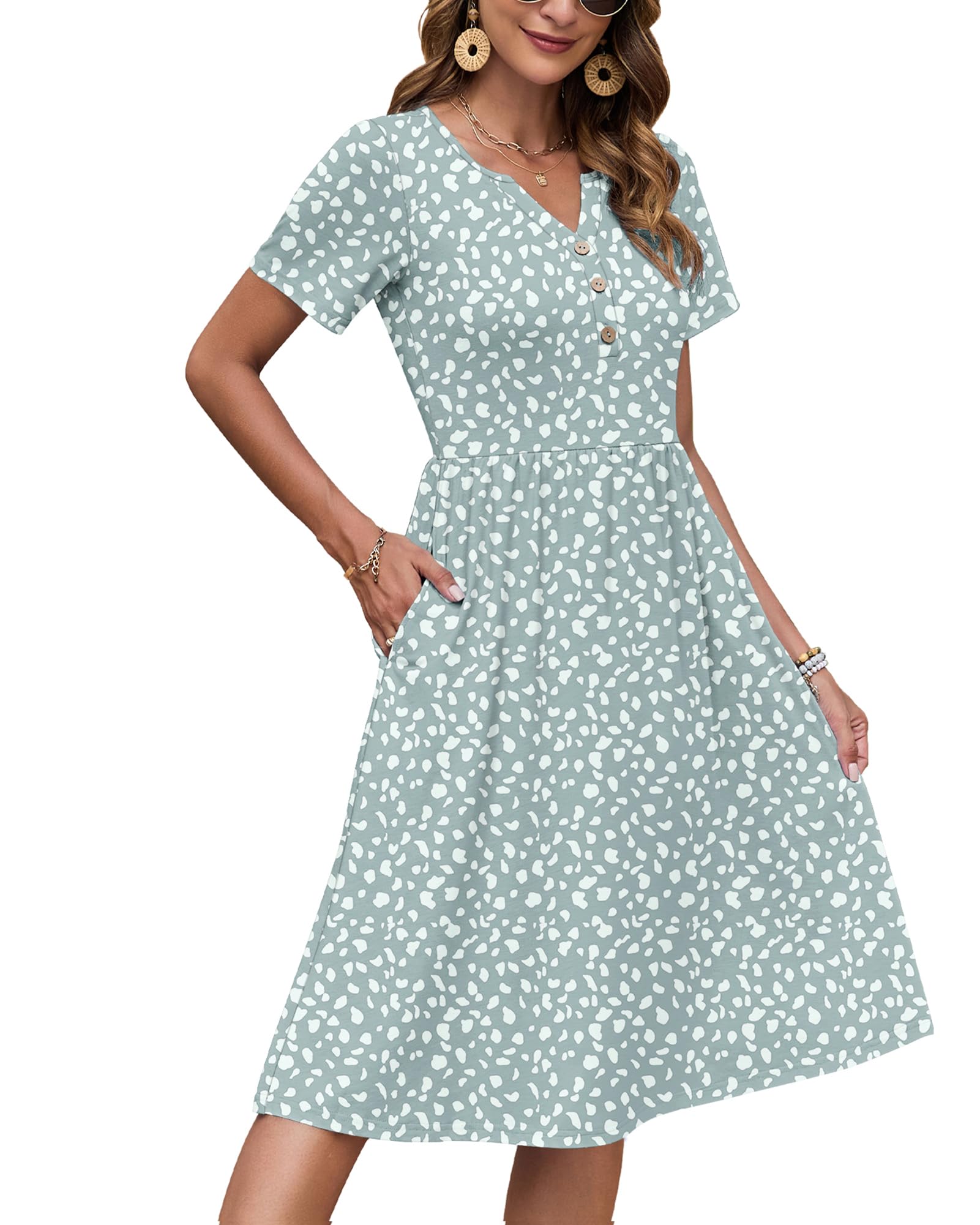 AUSELILY Women's Summer Short Sleeve Midi Dresses V Neck Empire Button Knee Length Dress with Pockets Green Spot M